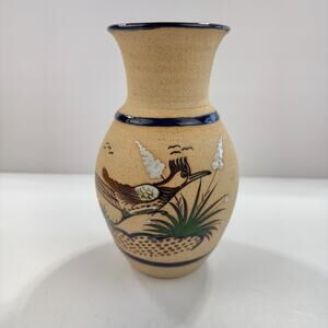 Tonala Sandstone Vase Roadrunner Mexican Pottery Brown Blue Signed 8.25" Vintage